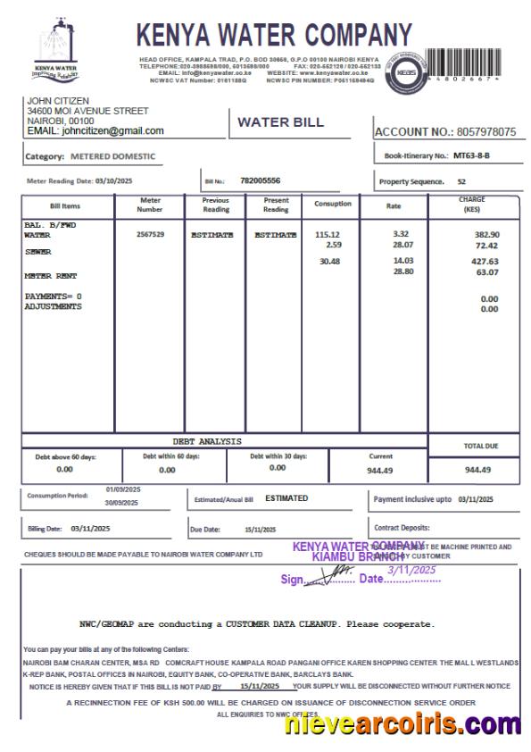 Kenya Kenya Water Company utility bill